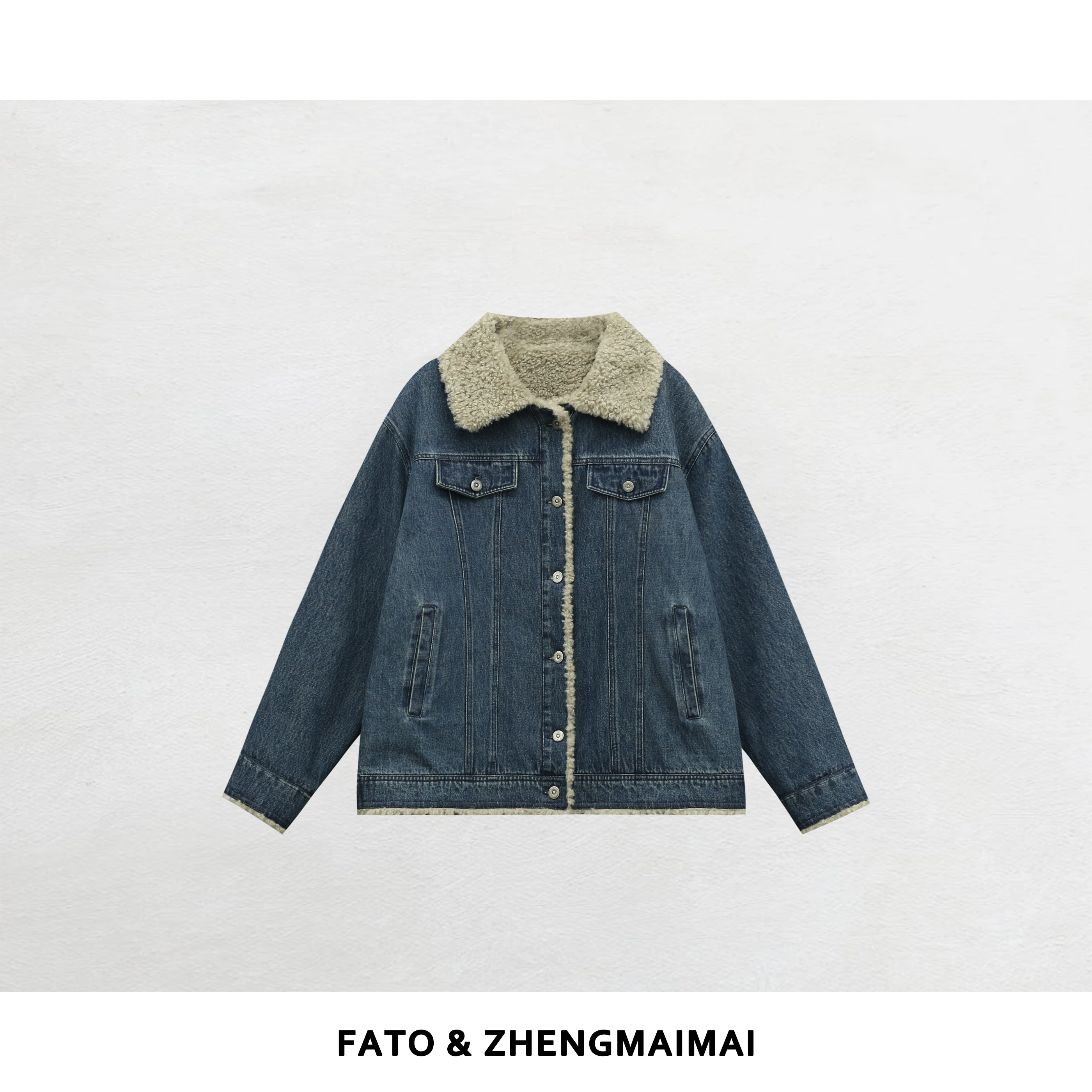 郑买买 午夜海盐 秋冬新款蓝色港风翻领加绒牛仔外套 QDD51101W1