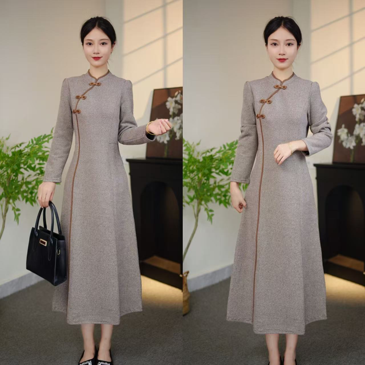 【吉遇优选】349-1294#新品加厚雪花绒新中式改良保暖旗袍连衣裙