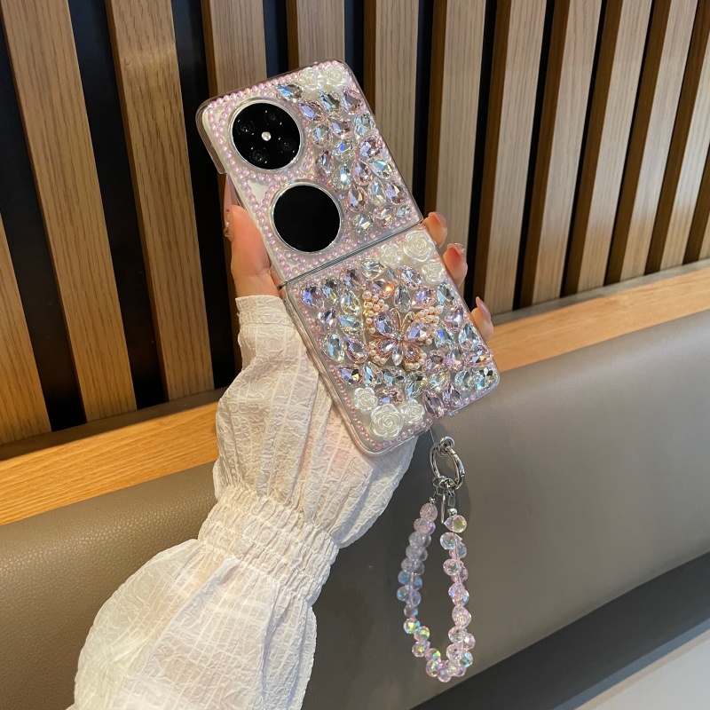 适用华为pocket2手机壳彩绘满钻蝴蝶玫瑰挂饰purax外壳p50潮流壳