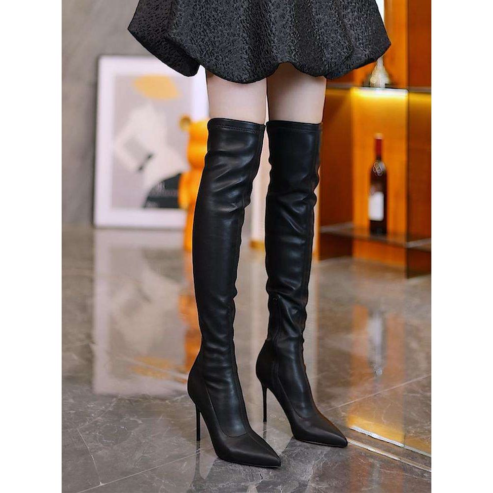【万达撤柜】尖头过膝靴女2025年秋冬新款细跟高跟长靴侧拉链软皮
