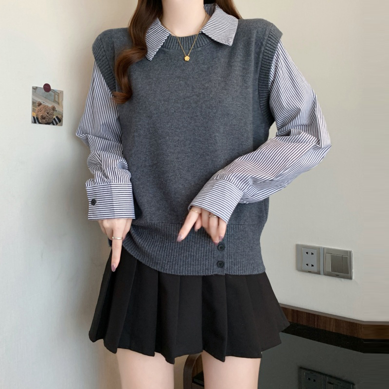 韩系洋气减龄拼接条纹长袖衬衫女2025秋新款休闲简约通勤百搭上衣