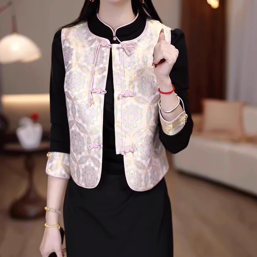 时尚2025春季新款立领黑色简约旗袍连衣裙+精致国风马甲真两件套