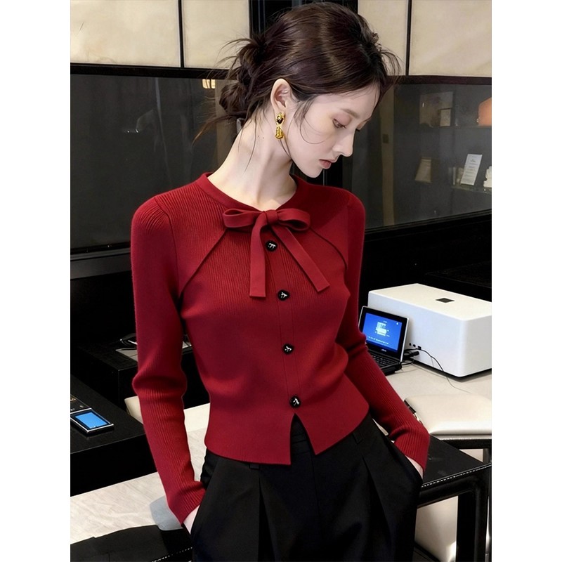 氛围感红色毛衣洋气针织打底衫女内搭秋冬蝴蝶结系带修身长袖上衣