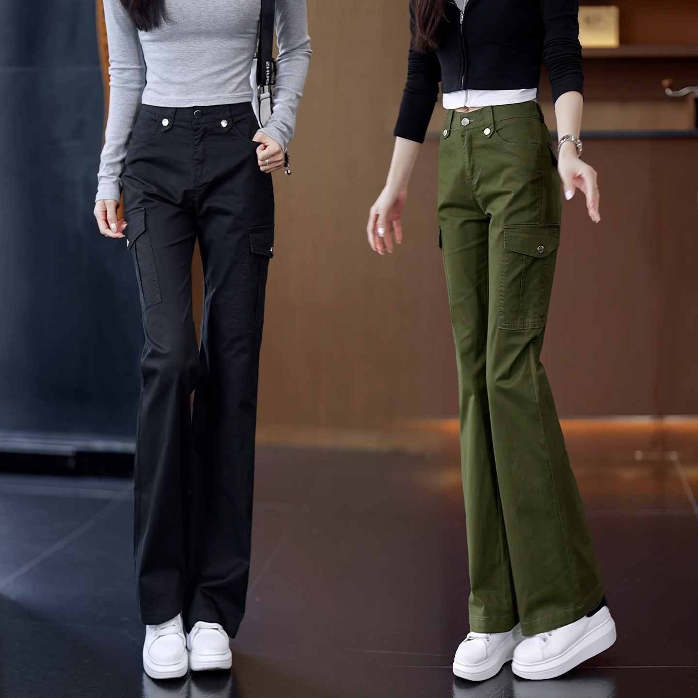 早秋新款韩版显瘦显瘦大码高腰长裤工装裤女微喇叭裤多口袋休闲裤