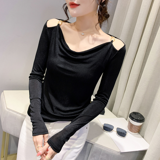 镂空衫2025女春秋上衣打底性感露锁骨肩新款洋气修身长袖t恤小衫