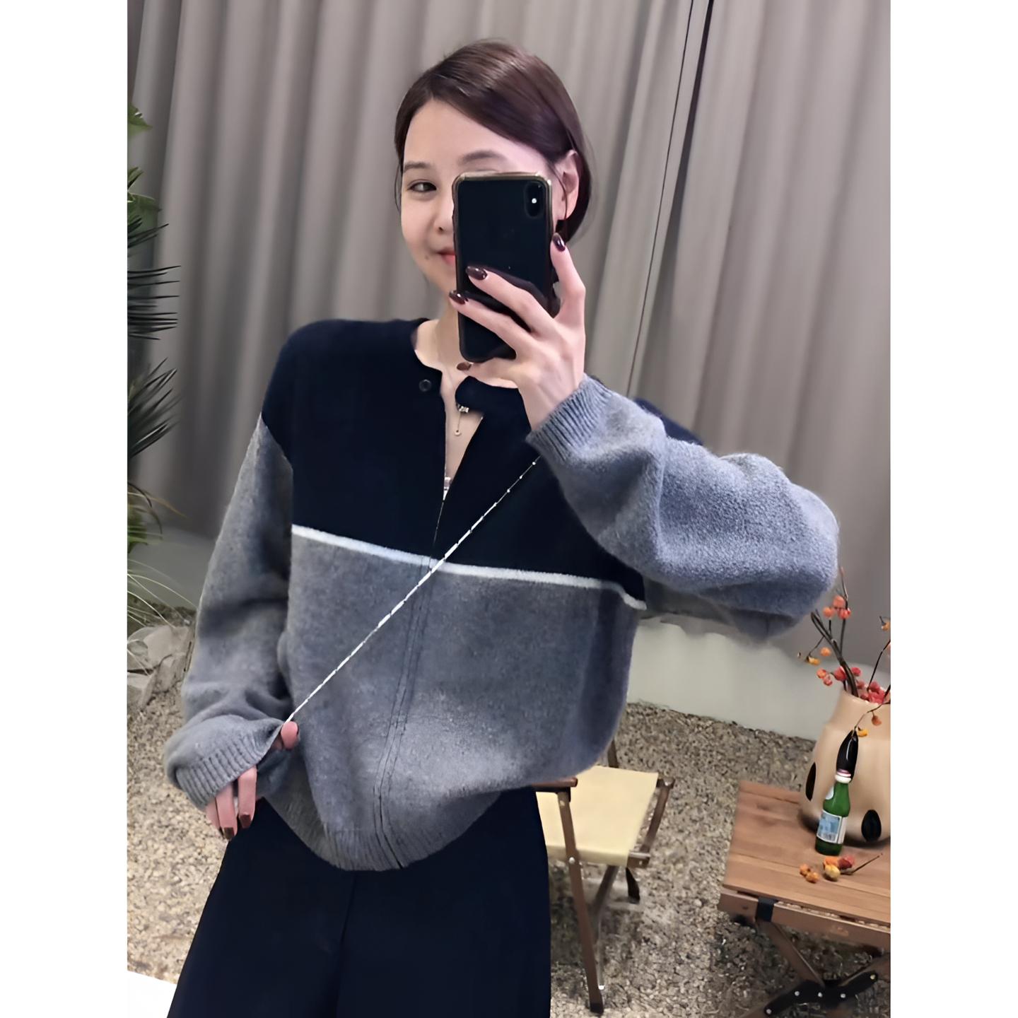 2025年秋季新款撞色拼接拉链针织开衫毛衣女韩系时尚休闲外套上衣