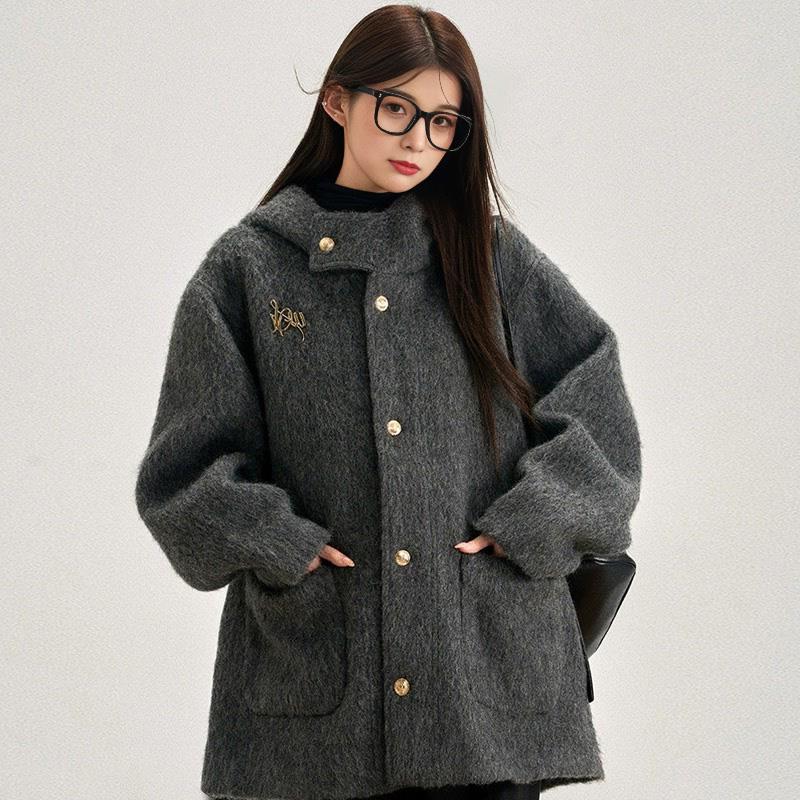 高级感连帽呢子大衣女2024冬季小个子羽绒内里灰色短款羊毛呢外套