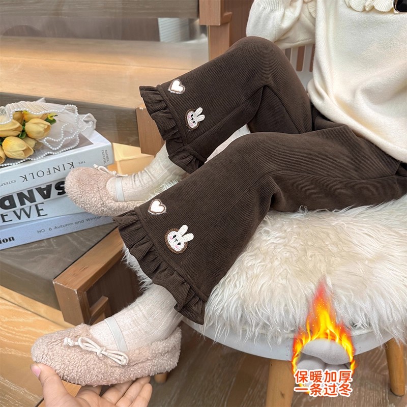 2025新款女宝冬季爱心兔子灯芯绒喇叭裤一体绒宽松女童加绒裤子