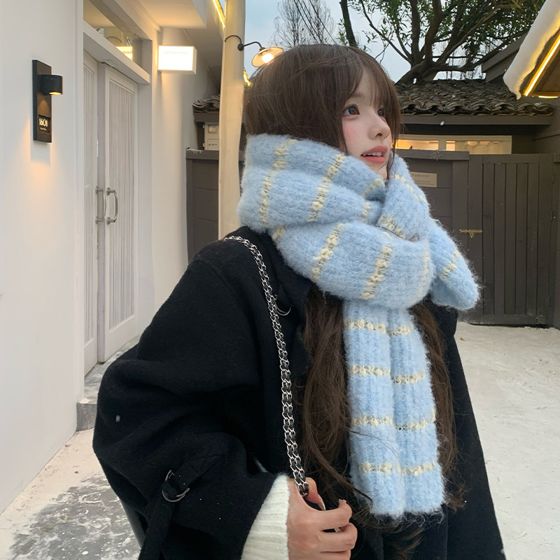 韩系条纹针织围巾女冬季高级感长款防寒保暖学生情侣护颈加厚围脖