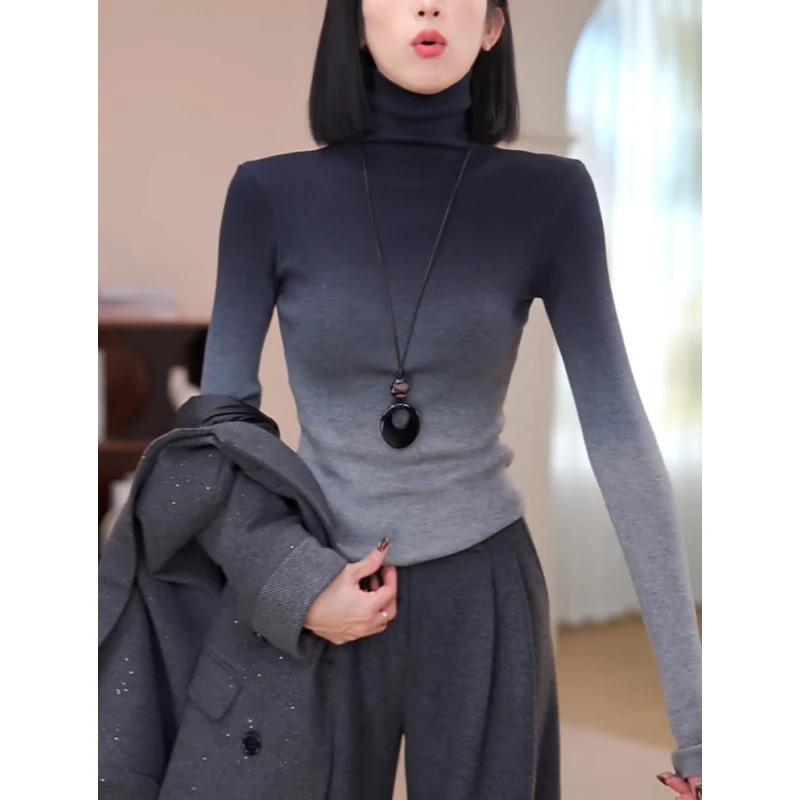 高级感渐变色堆堆高领女2025秋冬新款时尚打底百搭晕染T恤