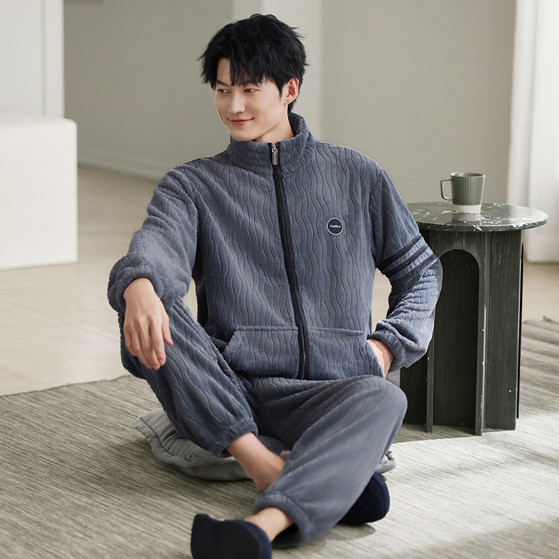 2025法兰绒暖绒秋冬季新款秋冬加绒男士睡衣立领拉链家居服套装冬