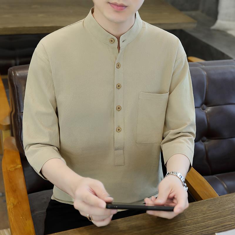 7分袖t恤男夏季薄款纯男上衣男潮流宽松中国风简约男麻七分袖衬衫