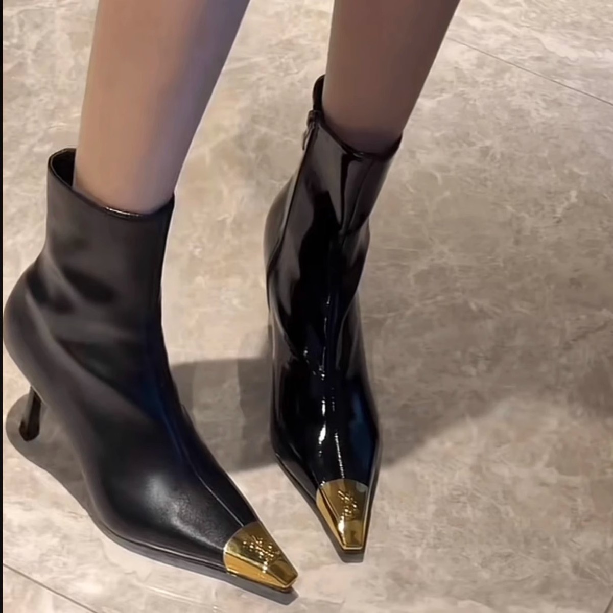 【澳门专柜正品】短靴女弹力瘦瘦靴秋冬新款黑色高跟金属方头细跟铁