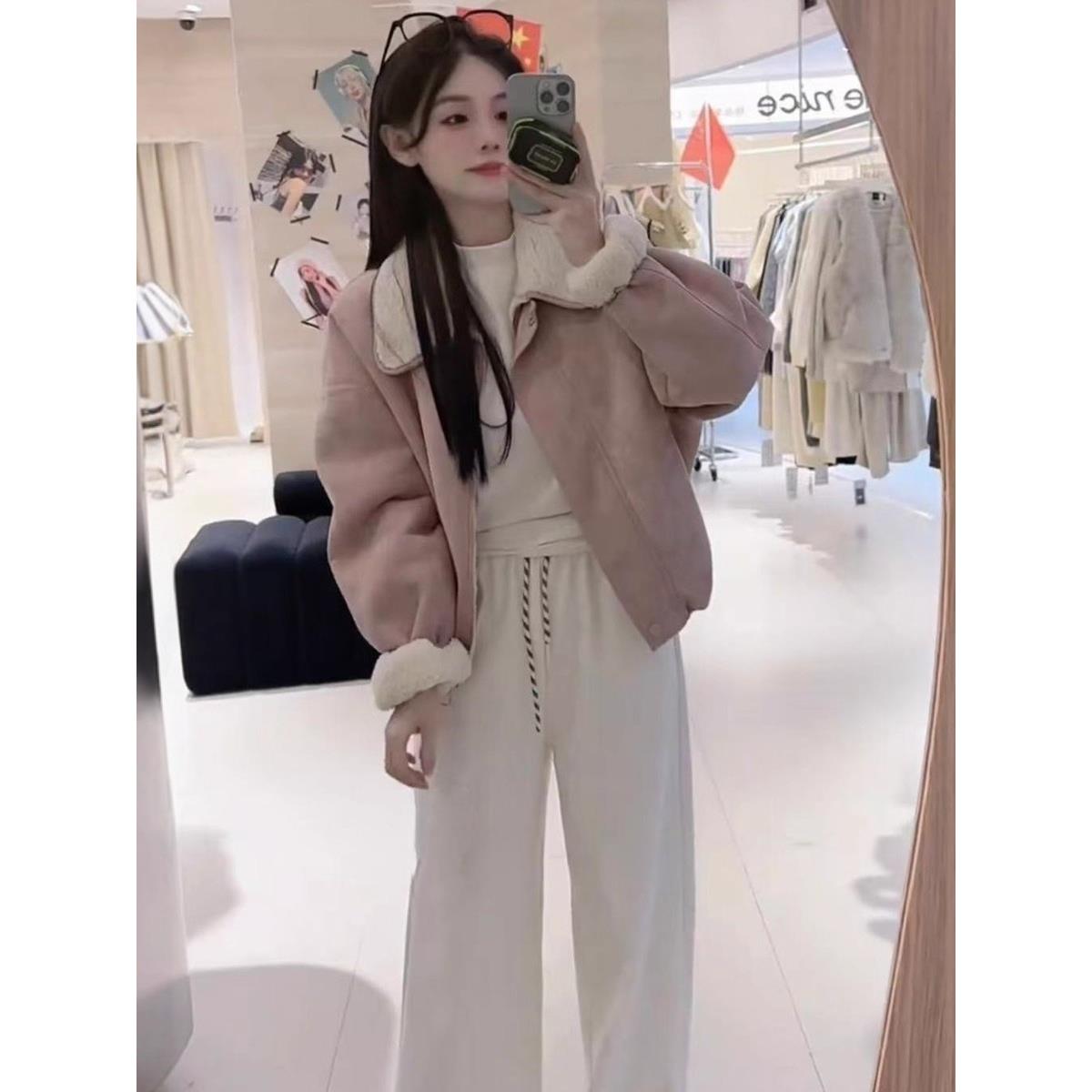 欧货冬季新款翻领皮绒皮毛一体加厚保暖女夹克外套上衣潮