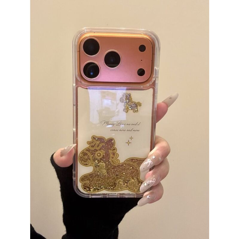 小众创意黄底闪粉流沙小马适用ihone17promax苹果16p手机壳15新款