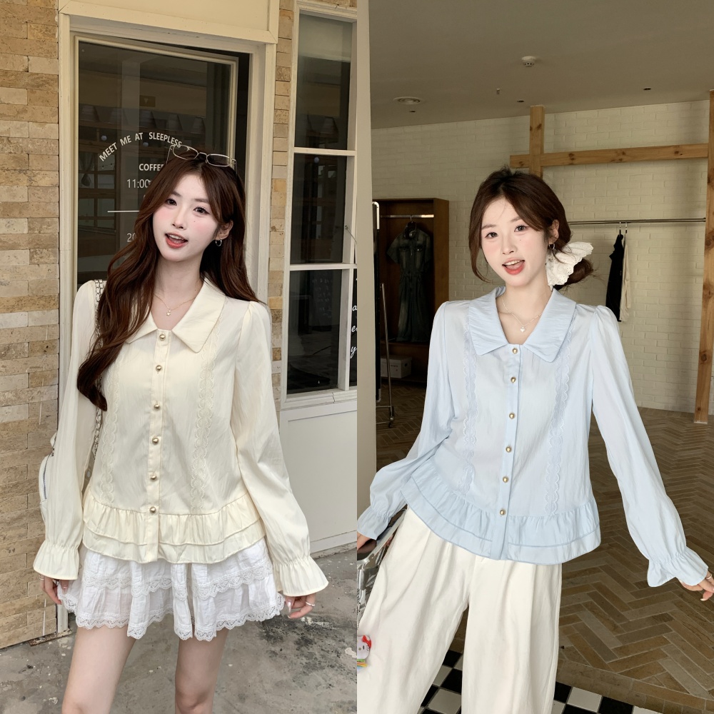 2025秋季新款胖mm大码法式气质娃娃领甜美乖巧蕾丝花边衬衫80209