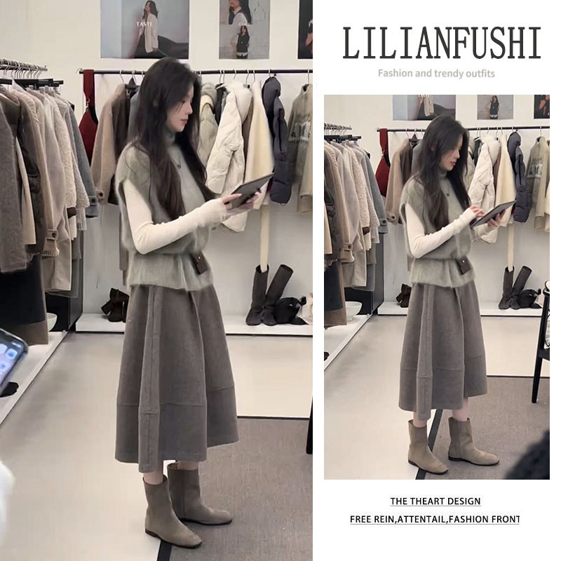 韩系穿搭2025秋冬新款长袖打底衫叠穿针织马甲显瘦半身裙三件套