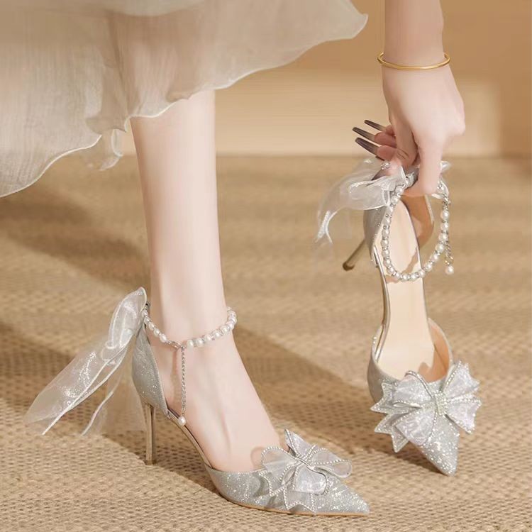 绝美银色网纱蝴蝶结中空高跟鞋新款仙女婚纱新娘单鞋18岁成人礼物