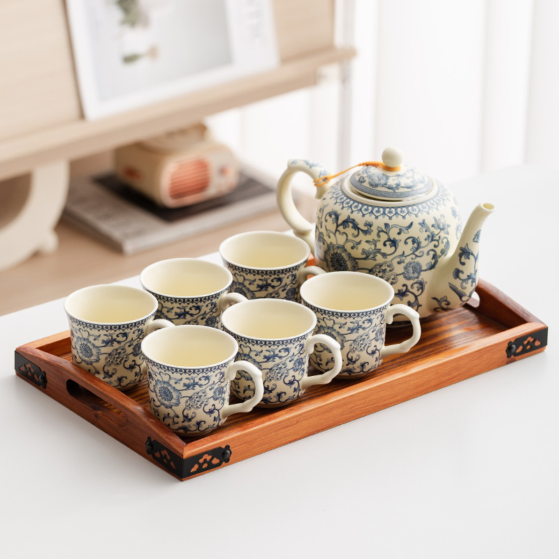 黄汝窑青花缠枝莲茶具套装带过滤内胆850毫升大茶壶防烫茶杯茶盘