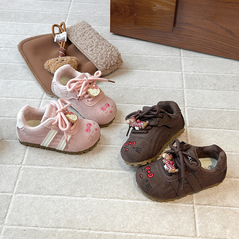 女童卡通kt猫德训鞋2025冬季新款韩版女宝宝加绒休闲鞋女孩学步鞋