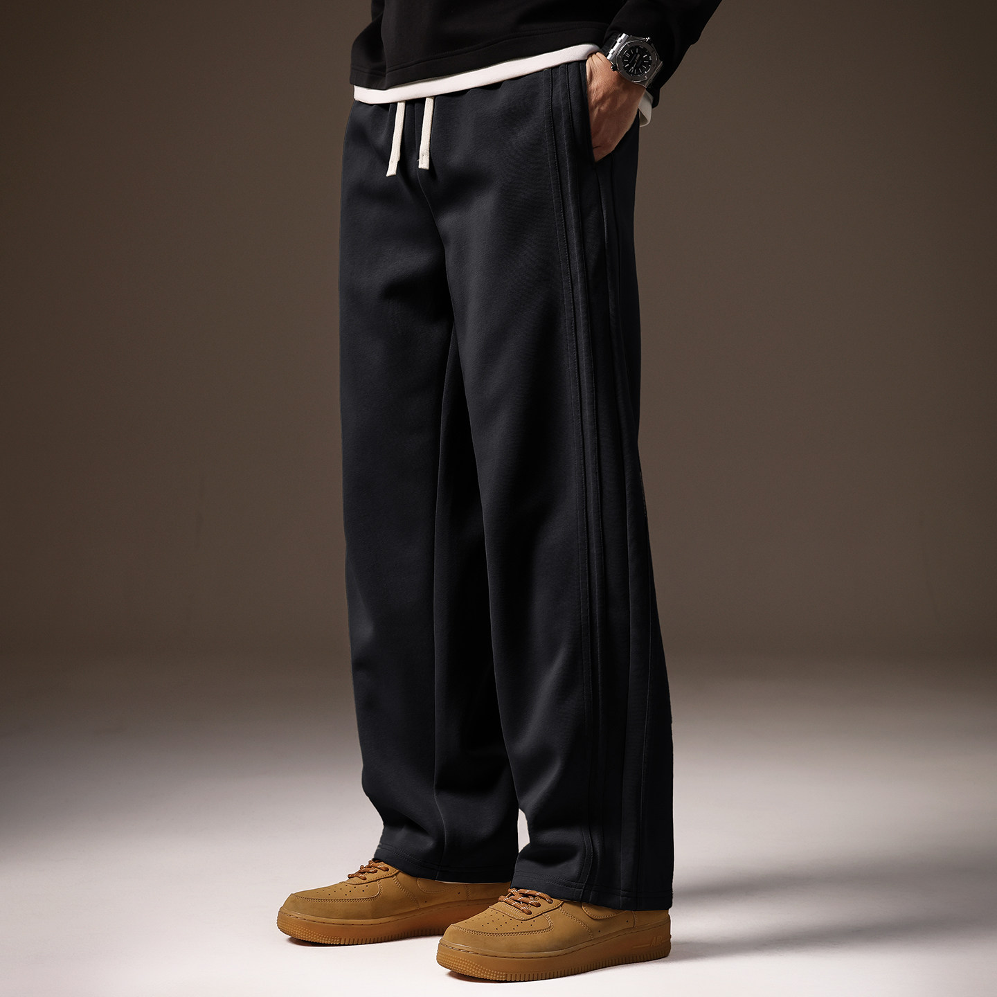 高端美式宽松运动直筒卫裤男士冬季加绒加厚拼接黑色休闲长裤子男