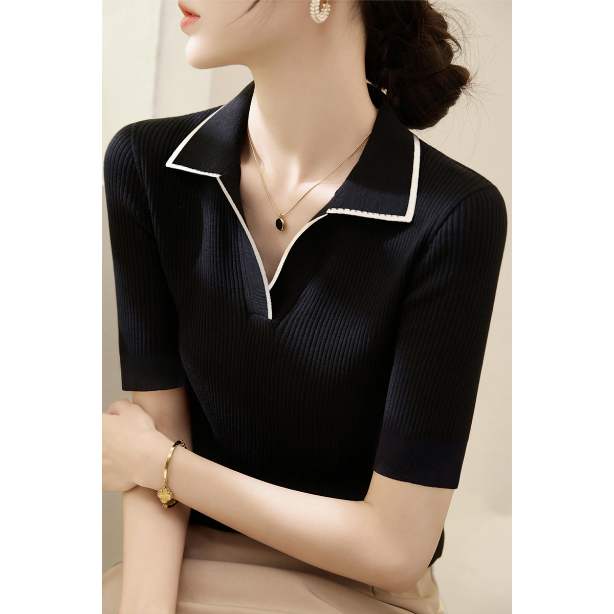 夏季新款polov领莱赛尔显瘦针织衫2025年套头打底上衣女女款