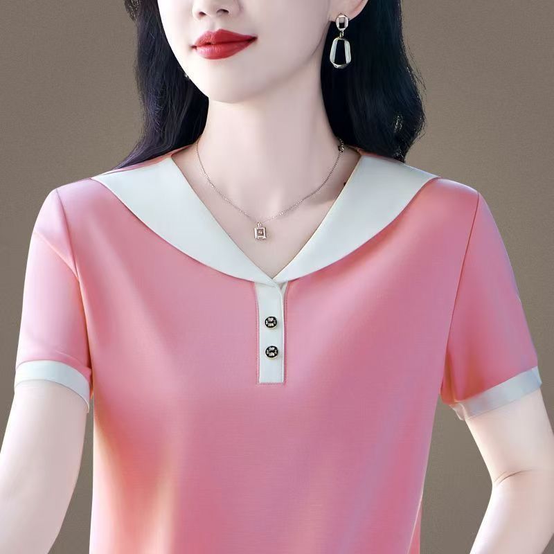 时尚百搭海军领短袖T恤女夏季新款中年洋气薄款透气休闲半袖上衣