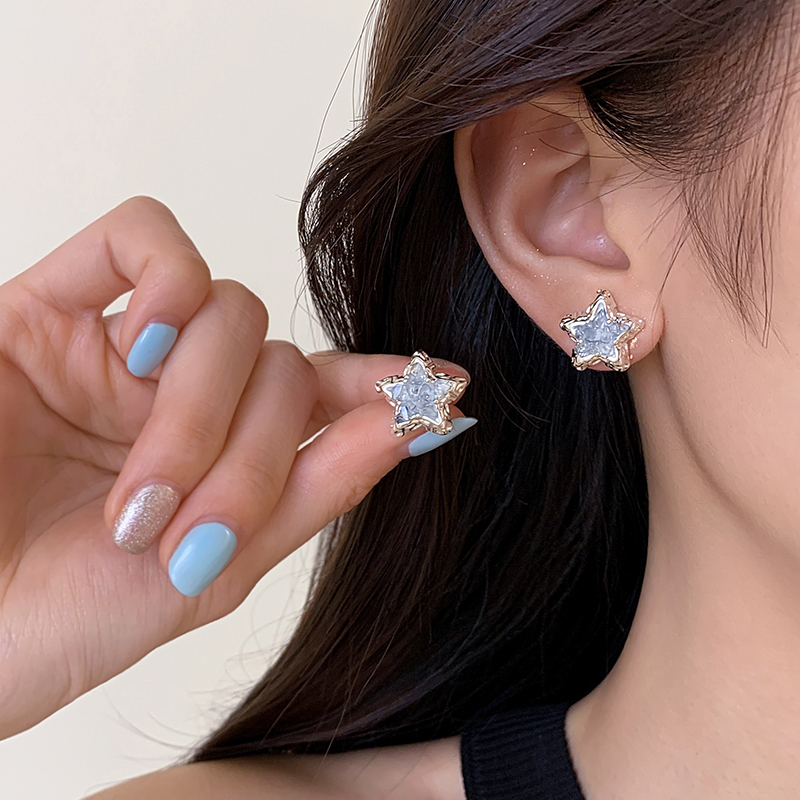足银仿水晶耳饰 999银针蓝色海星耳钉女小众精致小清新甜美设计感