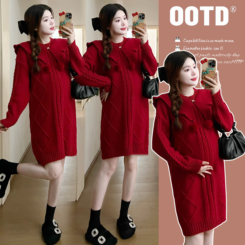 孕妇装秋冬韩版新款喜庆圣诞新年洋气时尚减龄红色毛毛球连衣裙