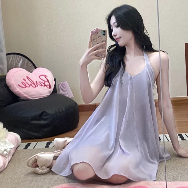 纯欲性感露背挂脖吊带睡裙女夏季薄款睡衣家居短裙可外穿连衣裙子
