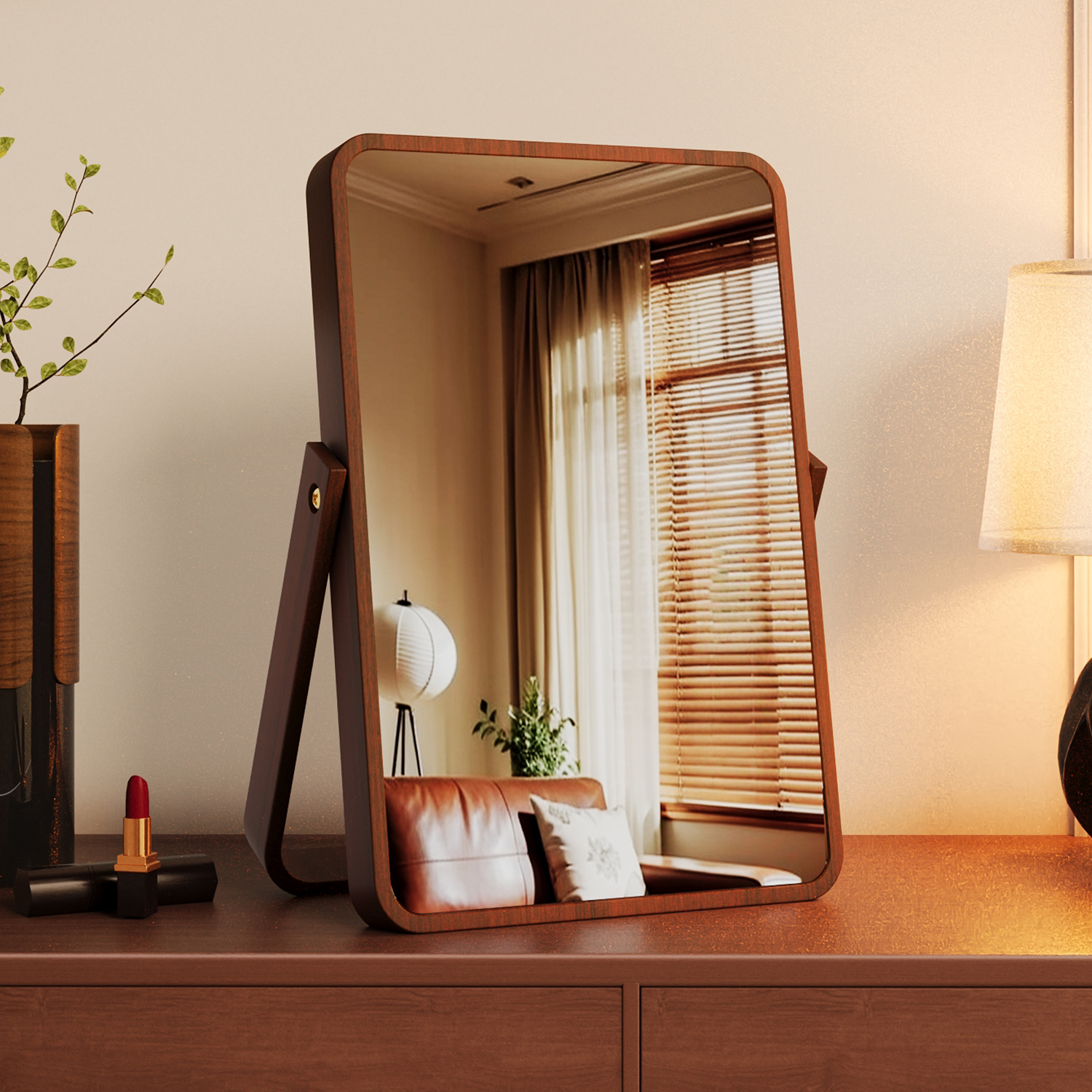 复古实木化妆镜台式桌面家用梳妆台梳妆镜女生卧室便携折叠大镜子