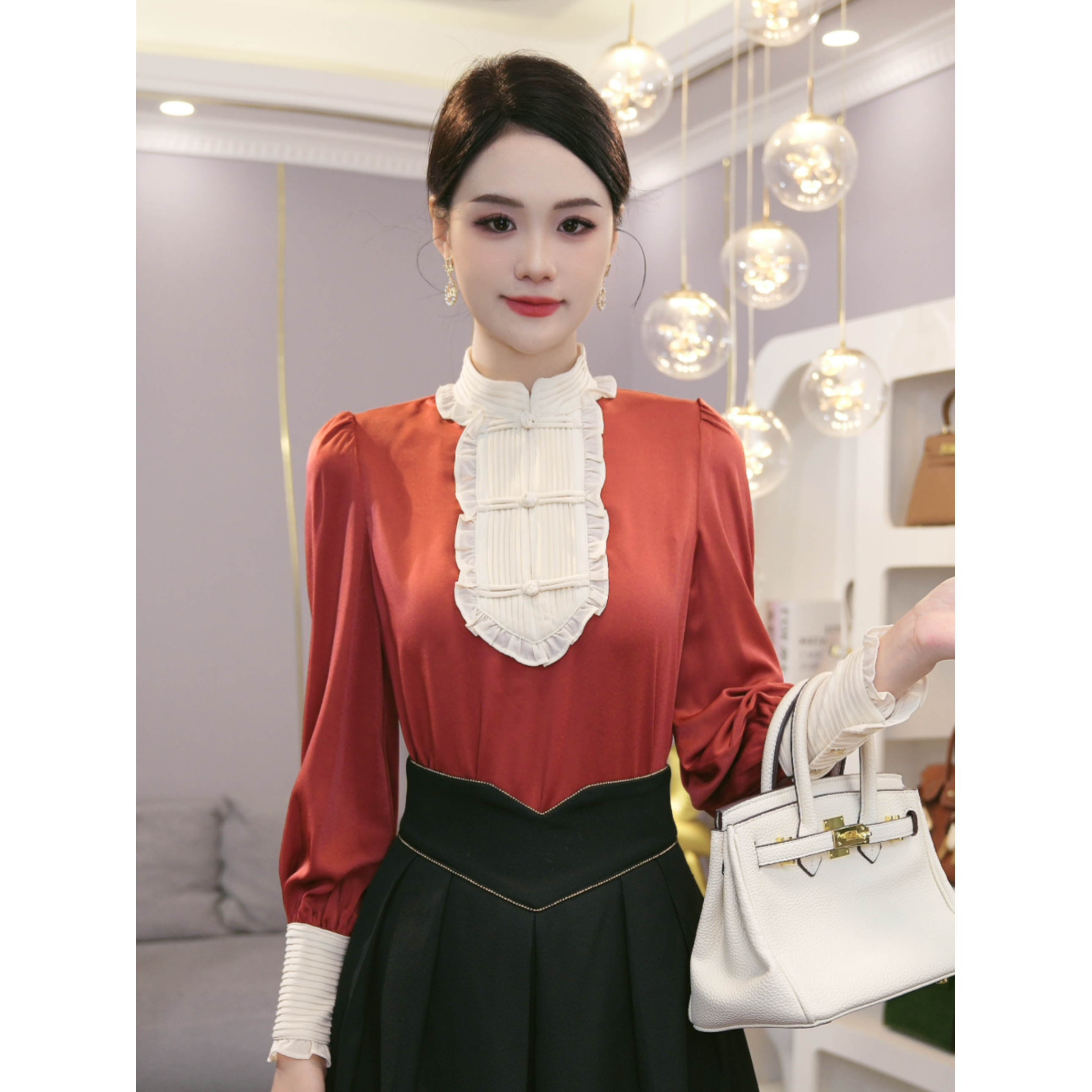 2026年春秋季【DD-995-1】高级感气质小众缎面拼接国风洋气上衣
