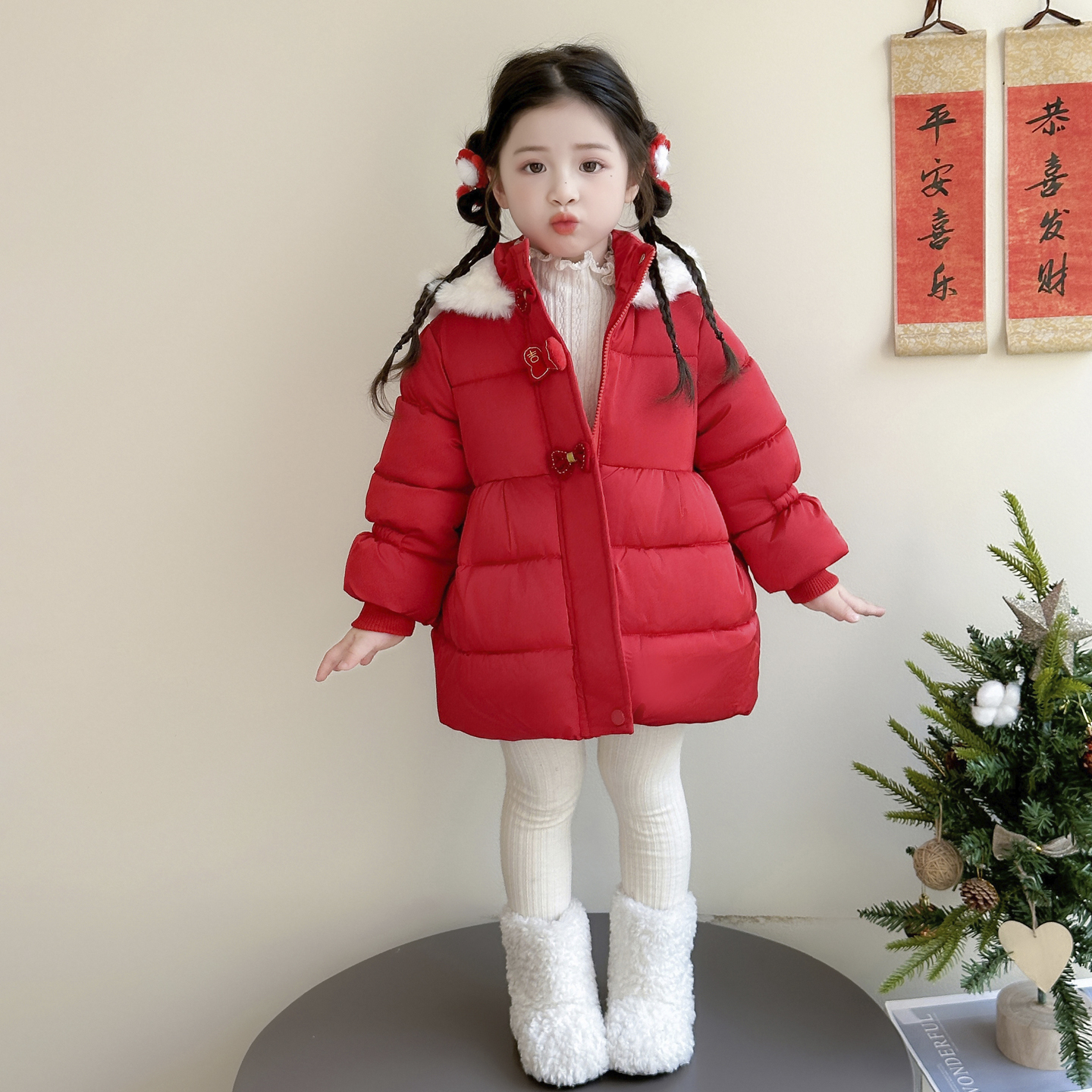 女童喜庆大红色加绒加厚棉服冬季拜年服新年棉衣外套冬装儿童棉袄