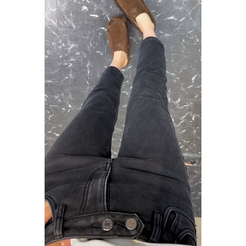 高腰直筒弹力烟管裤女2025秋冬新款加绒厚款小个子大码显瘦牛仔裤