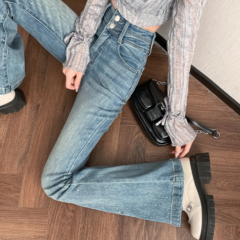 烫钻高腰微喇叭牛仔裤女2025年秋新款复古修身显瘦显高鱼尾拖地裤