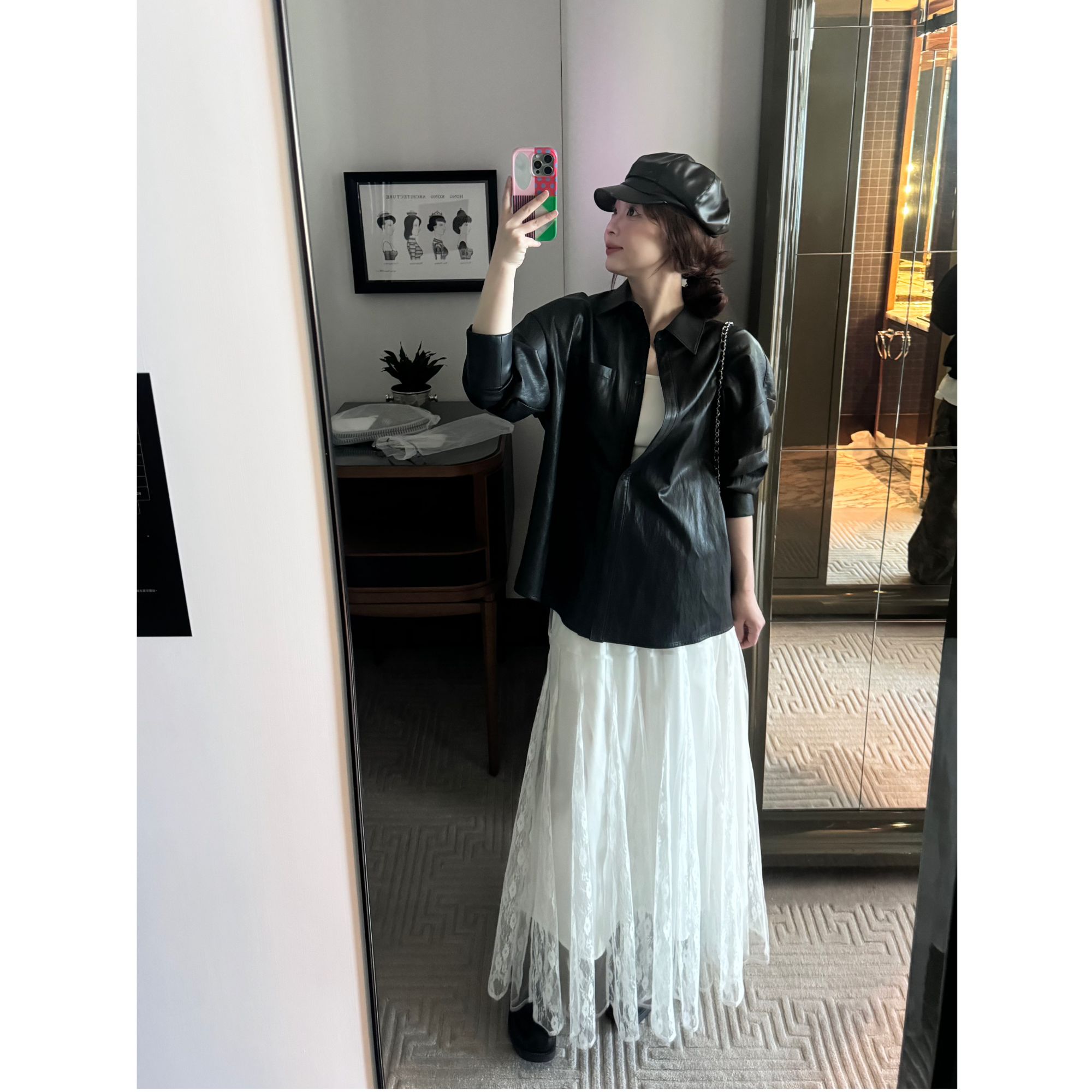 晶咕【迷失东京】高级感polo领pu皮衬衫外套