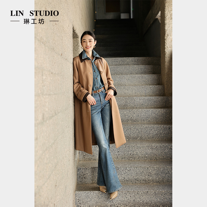 【小羊皮+绵羊毛 可替换领子袖口 可3穿】琳工坊“子青”驼色风衣气质