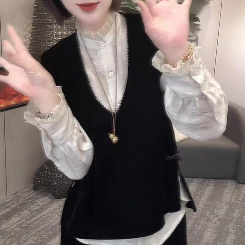 2025春秋季新款女士新中式时尚套装V领无袖背心马甲漂亮长袖衬衫