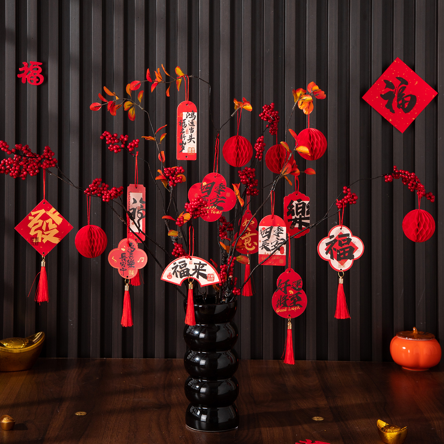 2026马年新年盆景小挂件大盆栽绿植银柳福字挂饰客厅装饰树上灯笼