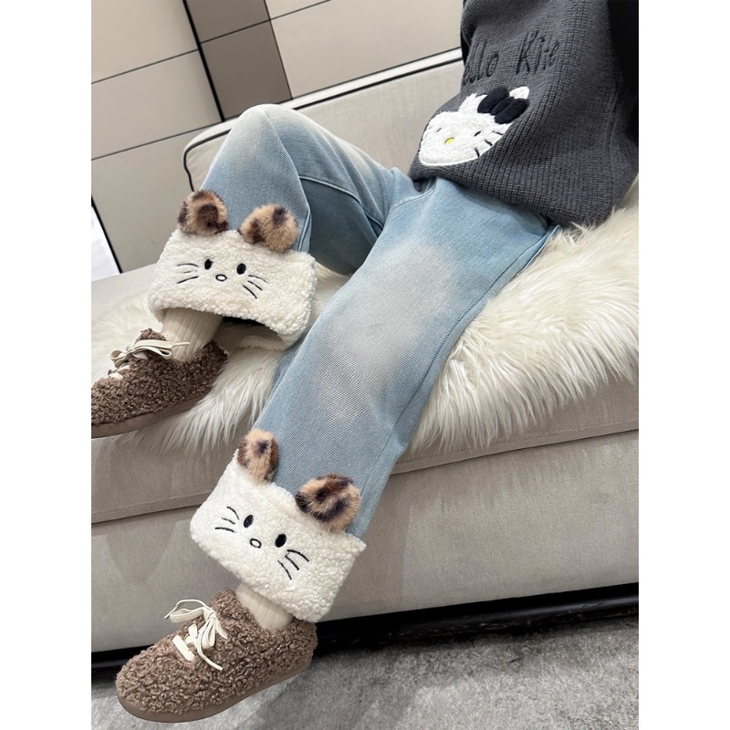 女童加绒裤子加厚2025新款儿童直筒牛仔裤宝宝冬季一体绒阔腿裤