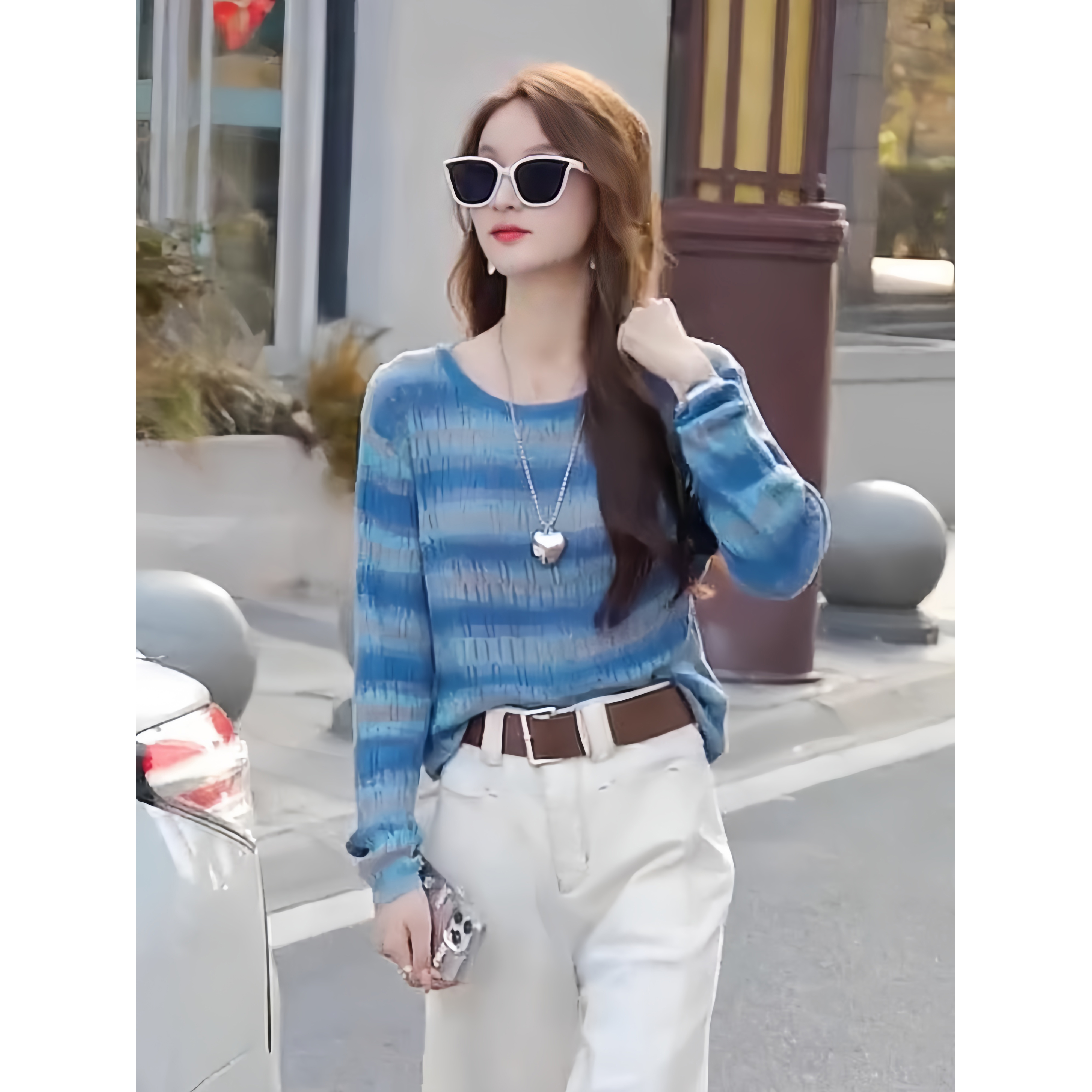 春装新款圆领撞色镂空条纹针织衫女慵懒风百搭套头打底衫长袖上衣