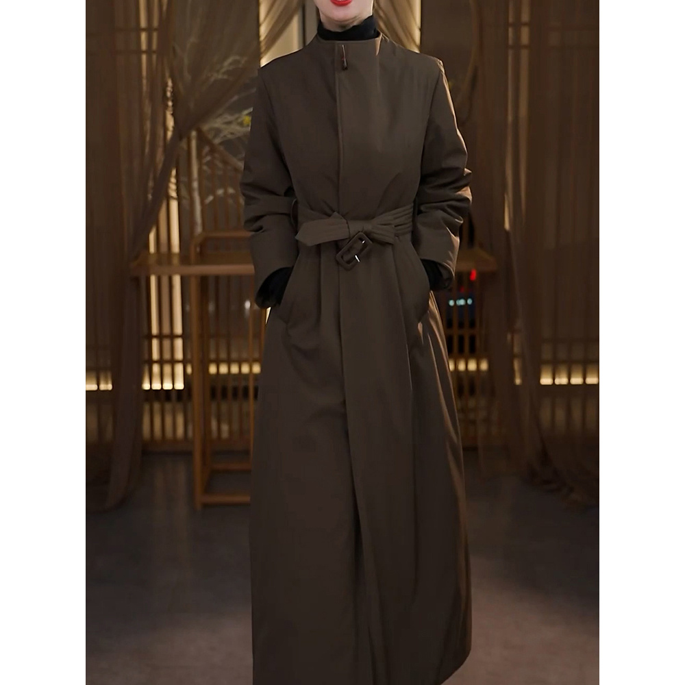 高级感加厚保暖夹羽绒外套女2025冬季新款系带收腰显瘦长款大衣