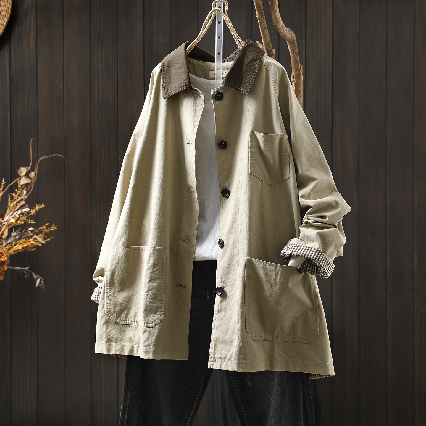 风衣女款2025新款秋季撞色翻领口袋宽松百搭文艺工装风中长款外套