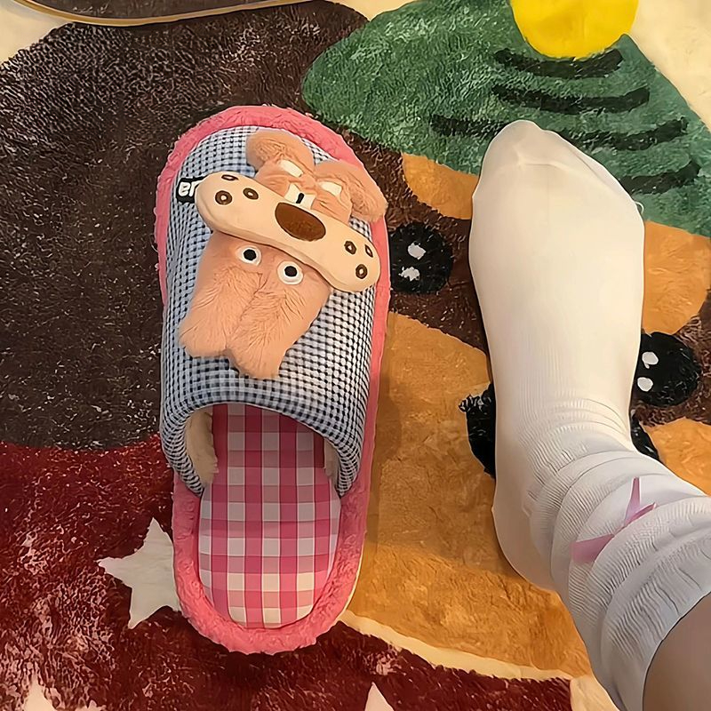 时尚百搭卡通小狗多巴胺毛绒拖鞋女2025秋冬新款居家保暖包头拖鞋