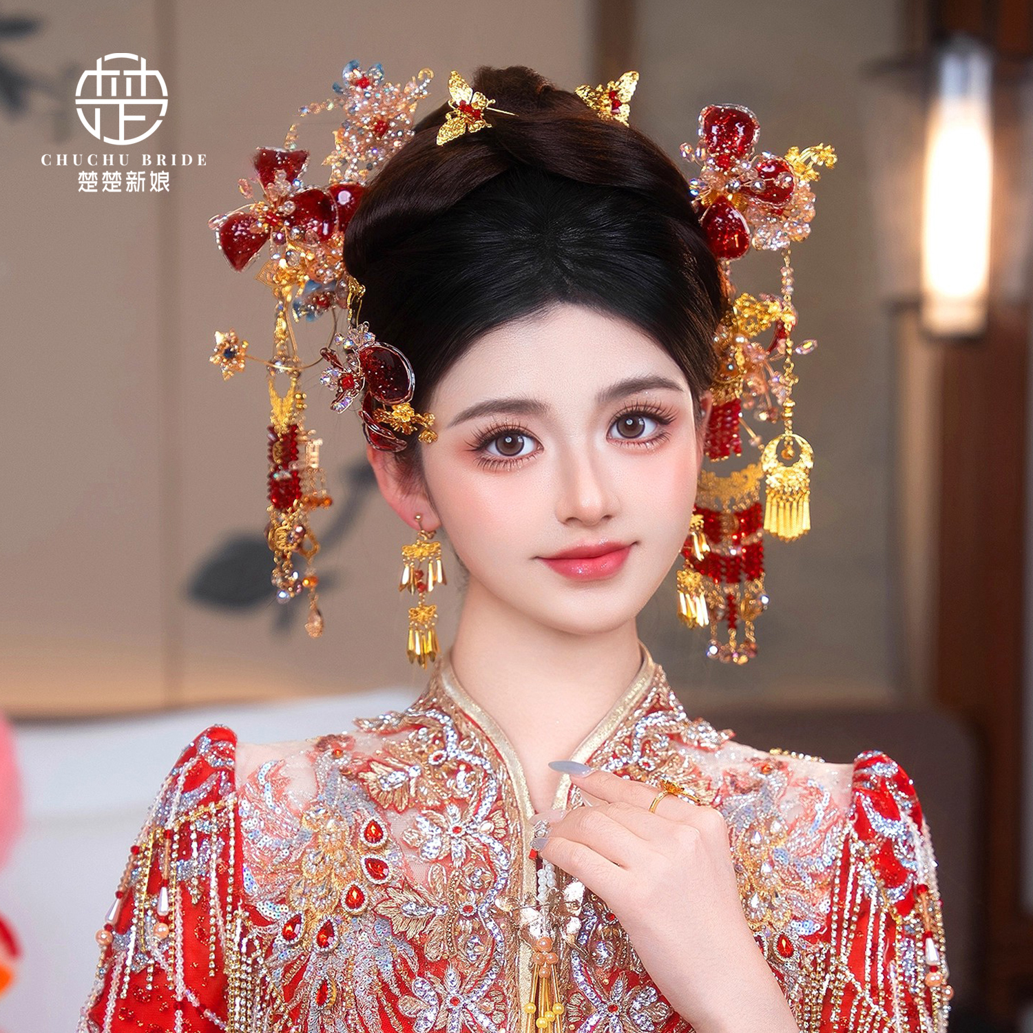 新款秀禾新娘红金色头饰新中式水凝胶花朵旗袍晨袍减龄发饰套装