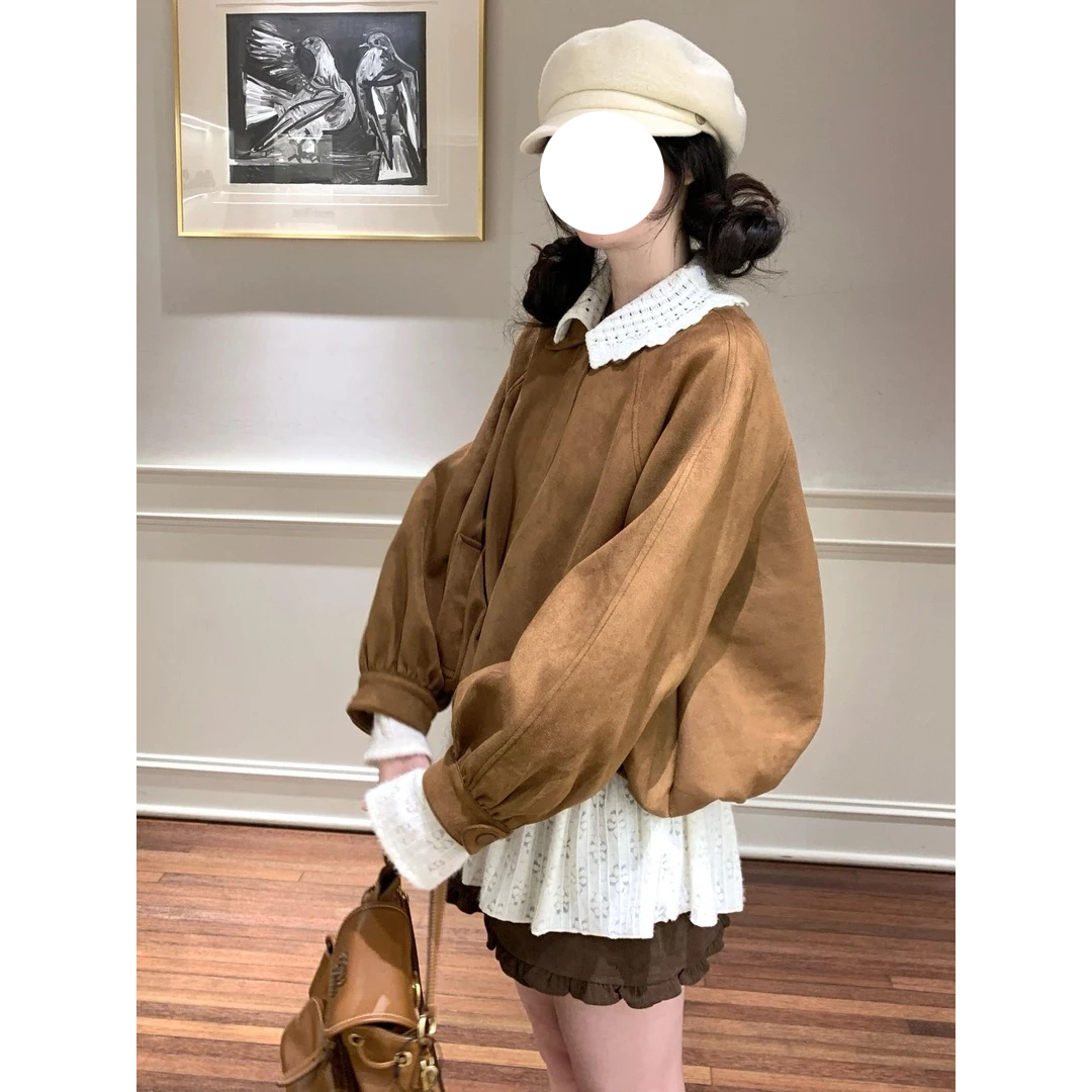 早秋新款韩系棕色麂皮外套女氛围感衬衫穿搭气质高腰短裙三件套装