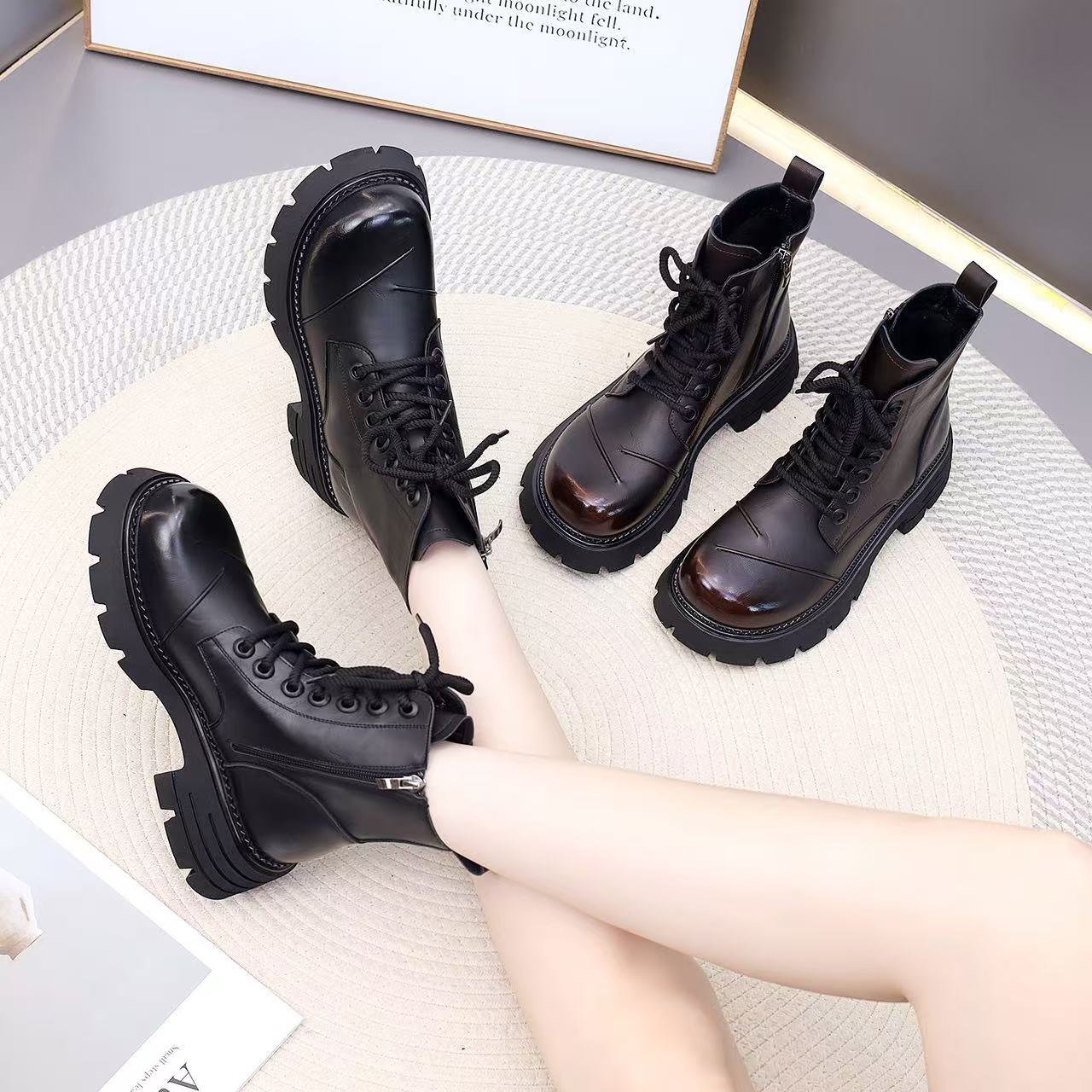 厚底增高英伦马丁靴女2025秋冬新款短靴女显脚小舒适机车靴34码