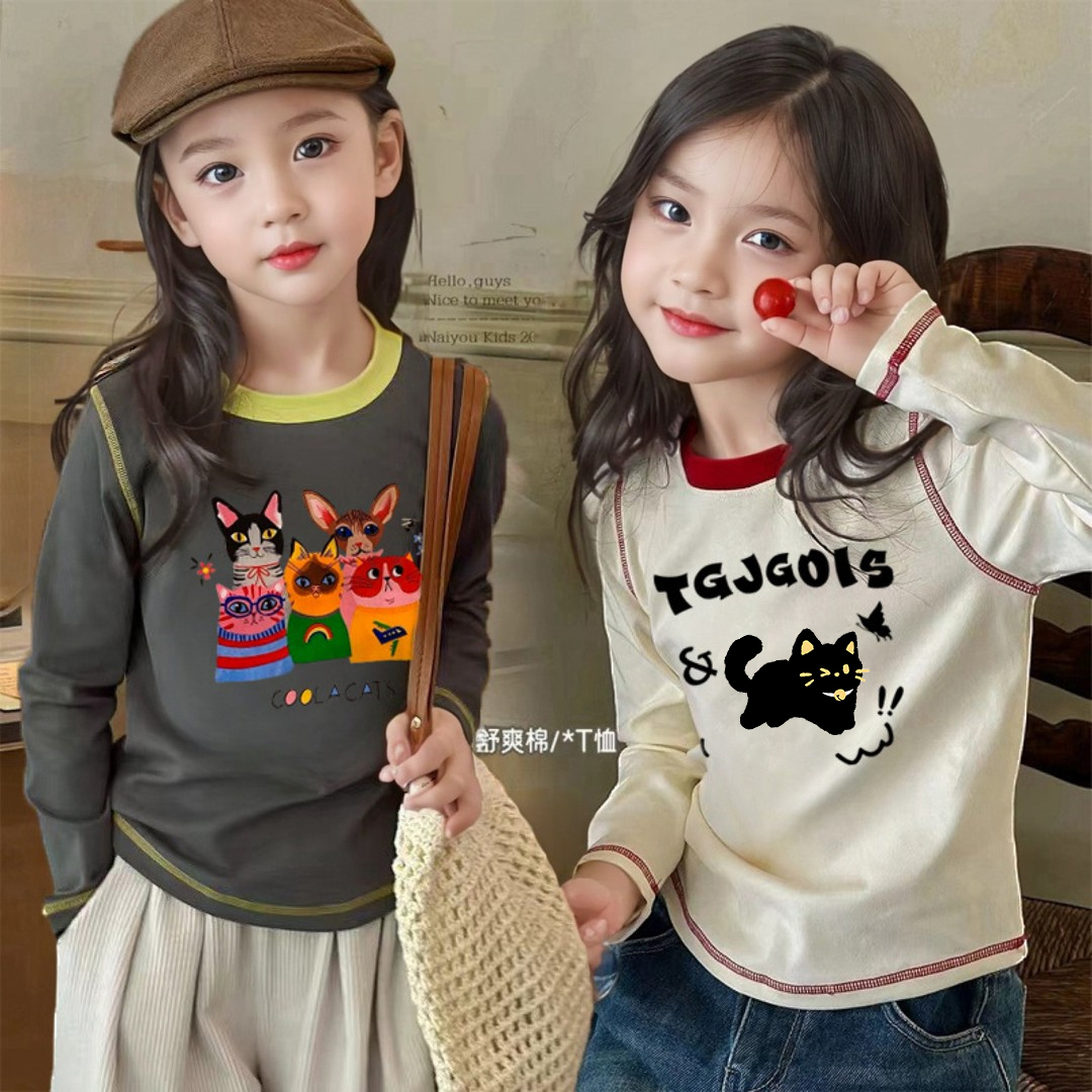 女童圆领长袖T恤童装春秋新款打底衫卡通洋气女宝宝儿童上衣女孩