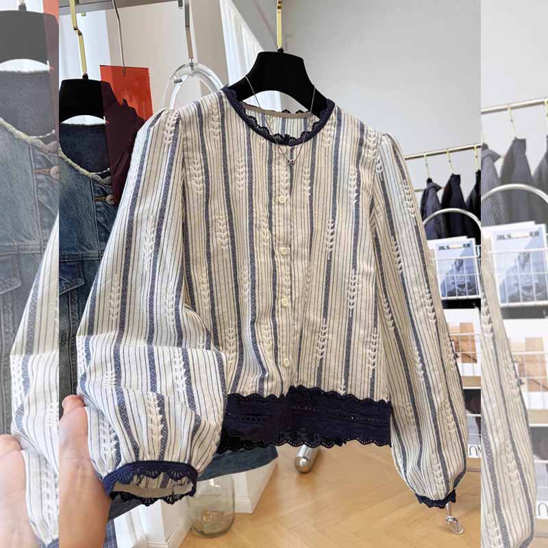 法式条纹春秋季新品蕾丝花边拼接女装大码衬衫宽松显瘦长袖上衣潮