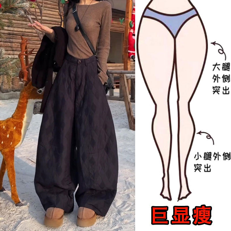 时尚菱形格设计感气球裤2026新款女装宽松高腰显瘦遮肉弯刀休闲裤